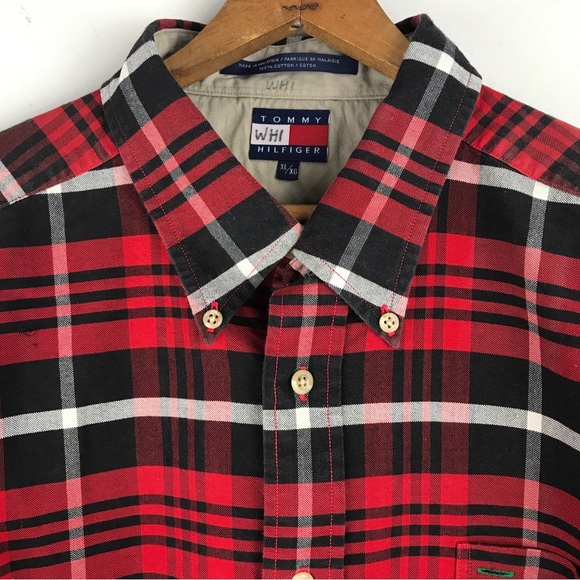 VTG Tommy Hilfiger XL Red Tartan Plaid Long Sleeve Button Up Shirt Crest Logo - Picture 2 of 16
